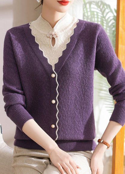 Purple Button False Two-piece Cotton Knit Sweaters Long Sleeve