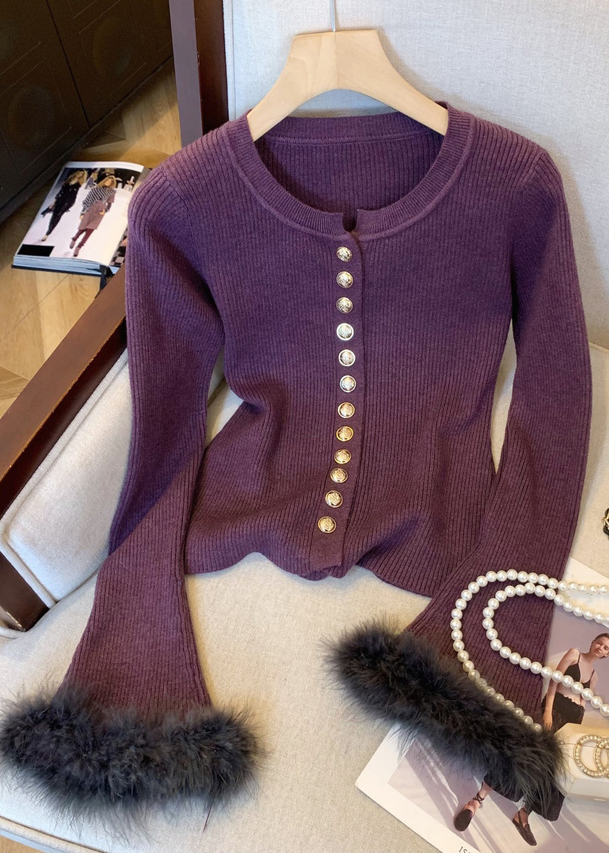 Purple Button Fluffy Patchwork Knit Winter Sweater O Neck