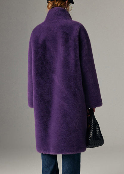 Purple Button Pockets Leather and Fur Coats Stand Collar