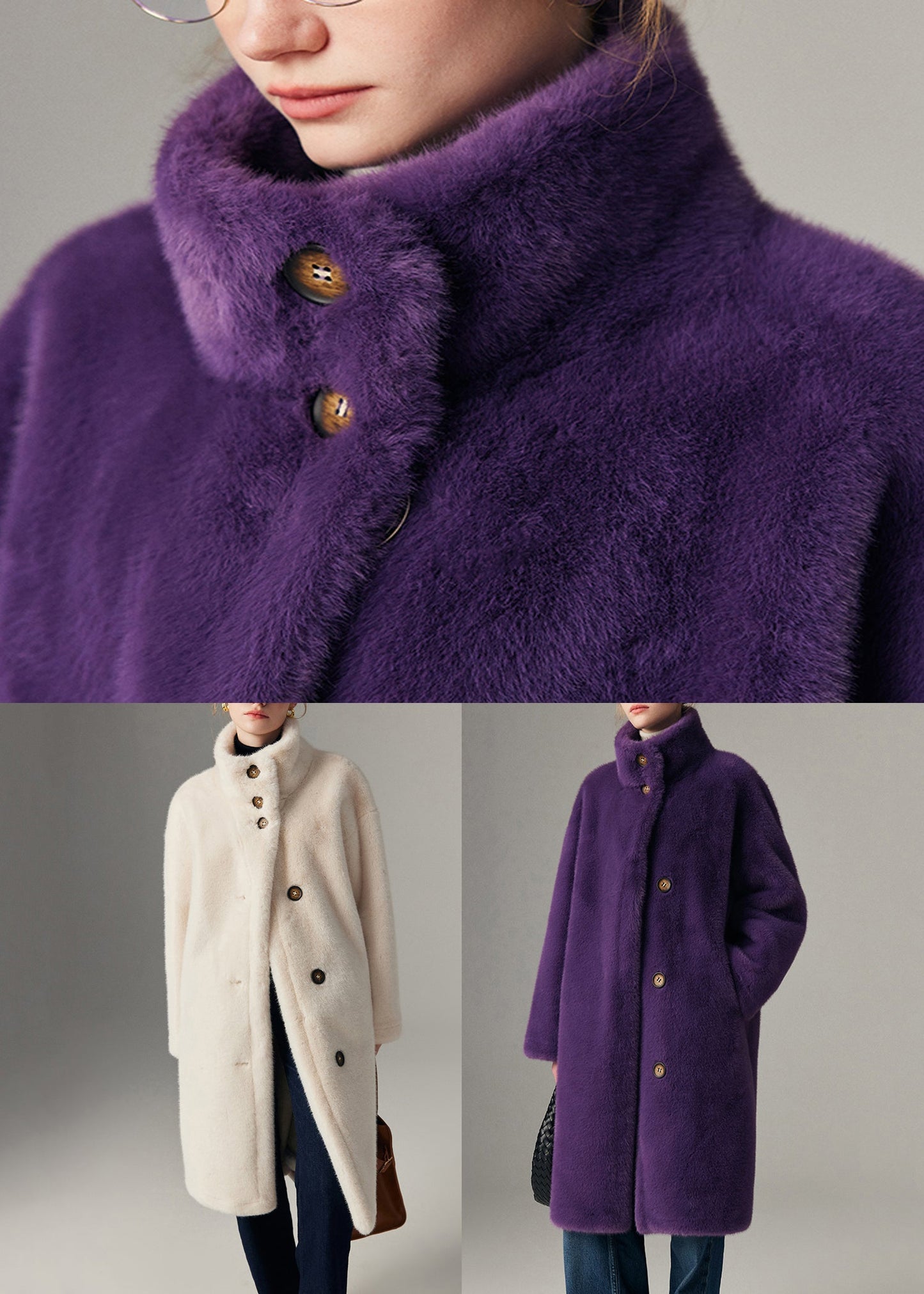 Purple Button Pockets Leather and Fur Coats Stand Collar