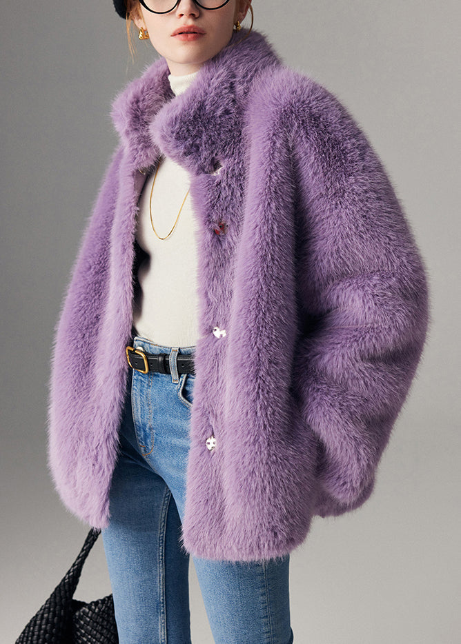 Purple Button Pockets Leather and Fur Winter Coats Stand Collar