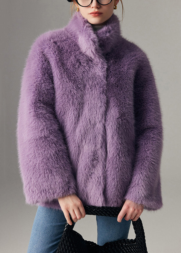 Purple Button Pockets Leather and Fur Winter Coats Stand Collar
