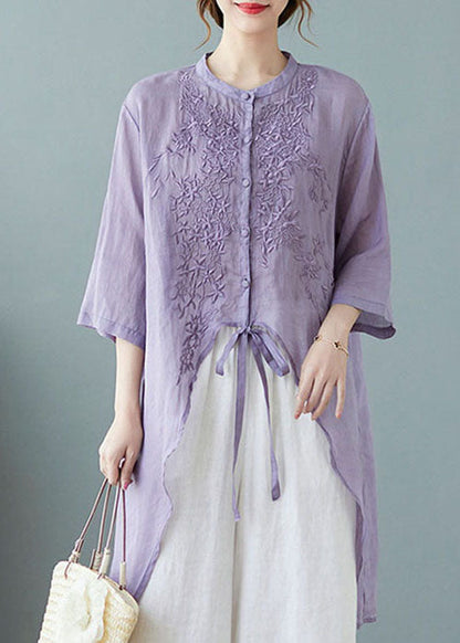 Orange Polka Dots Button Pockets Linen Tops Half Sleeve