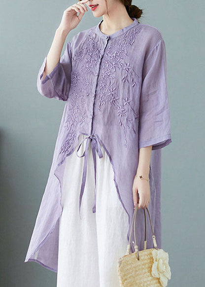 Orange Polka Dots Button Pockets Linen Tops Half Sleeve