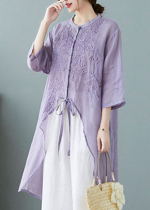 Orange Polka Dots Button Pockets Linen Tops Half Sleeve