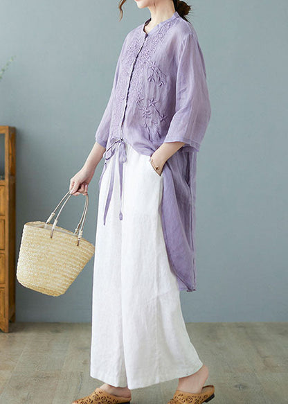 Gray Crane Button Pockets Linen Tops Half Sleeve