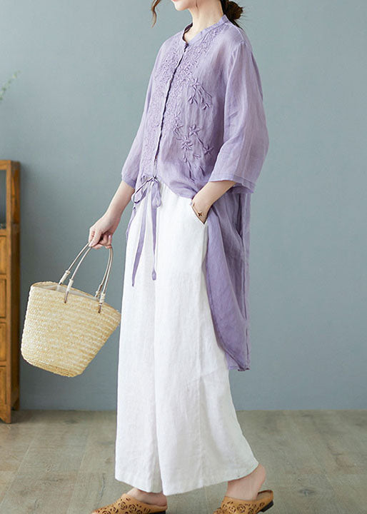 Gray Crane Button Pockets Linen Tops Half Sleeve