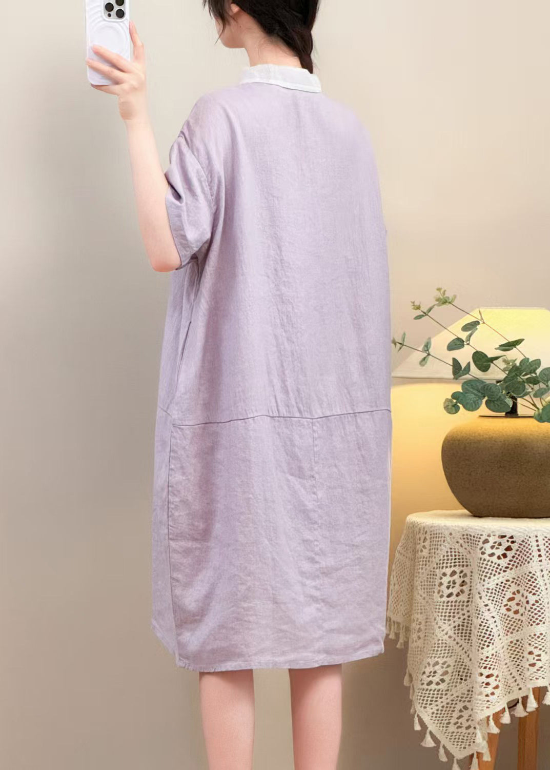 Purple Button Pockets Cotton Summer Dresses Peter Pan Collar