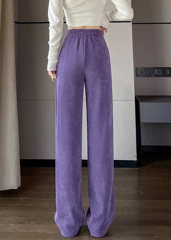 Purple Button Corduroy Pants Elastic Waist Spring