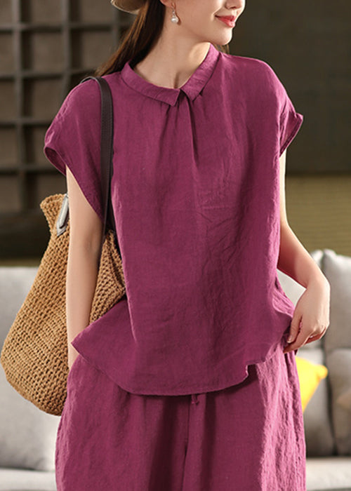 Purple Button Wear on Both Sides Linen Summer Shirts Peter Pan Collar