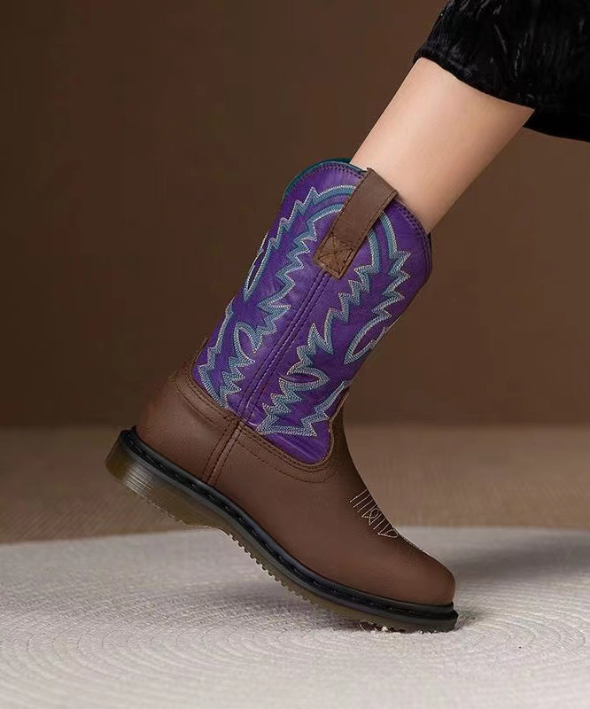 Purple Cowhide Leather Embroideried Splicing Boots