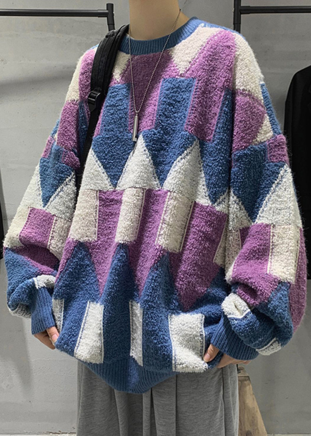 Purple Cozy Patchwork Cotton Knit Winter Sweaters O Neck