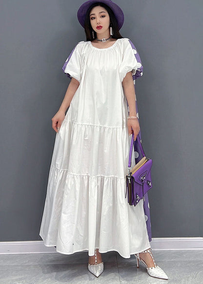 Purple Dot Print Cotton Long Dress Wear on Both Sides Exra Large Hem Short Sleeve