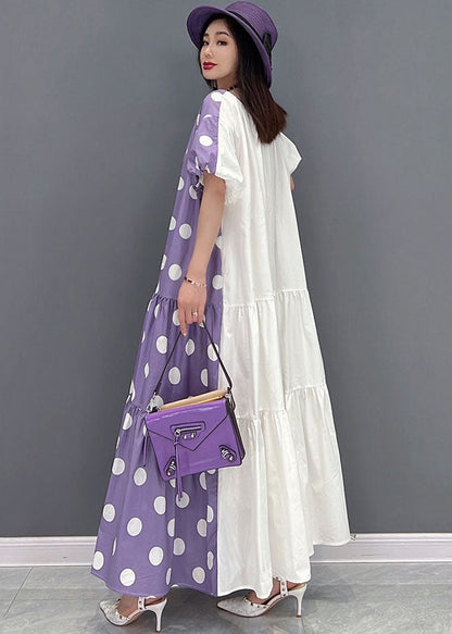 Purple Dot Print Cotton Long Dress Wear on Both Sides Exra Large Hem Short Sleeve