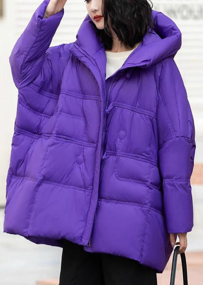 Purple Cotton Blend Puffers Jackets Oversized Hooded Winter