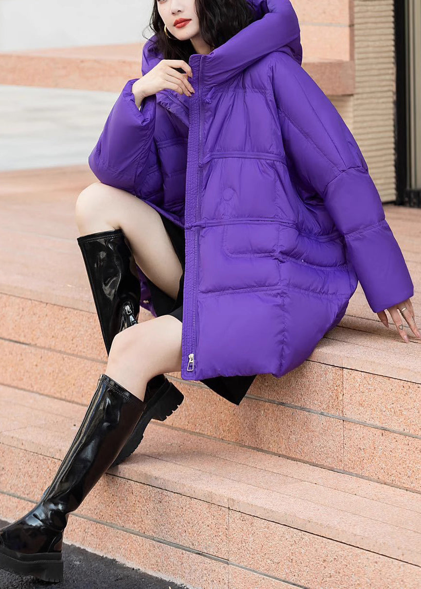 Purple Cotton Blend Puffers Jackets Oversized Hooded Winter