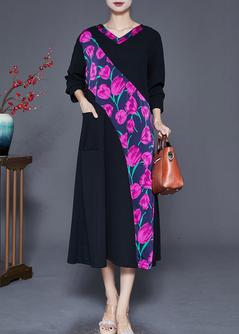 Purple Cotton Dresses Oversized Patchwork Pocket Fall