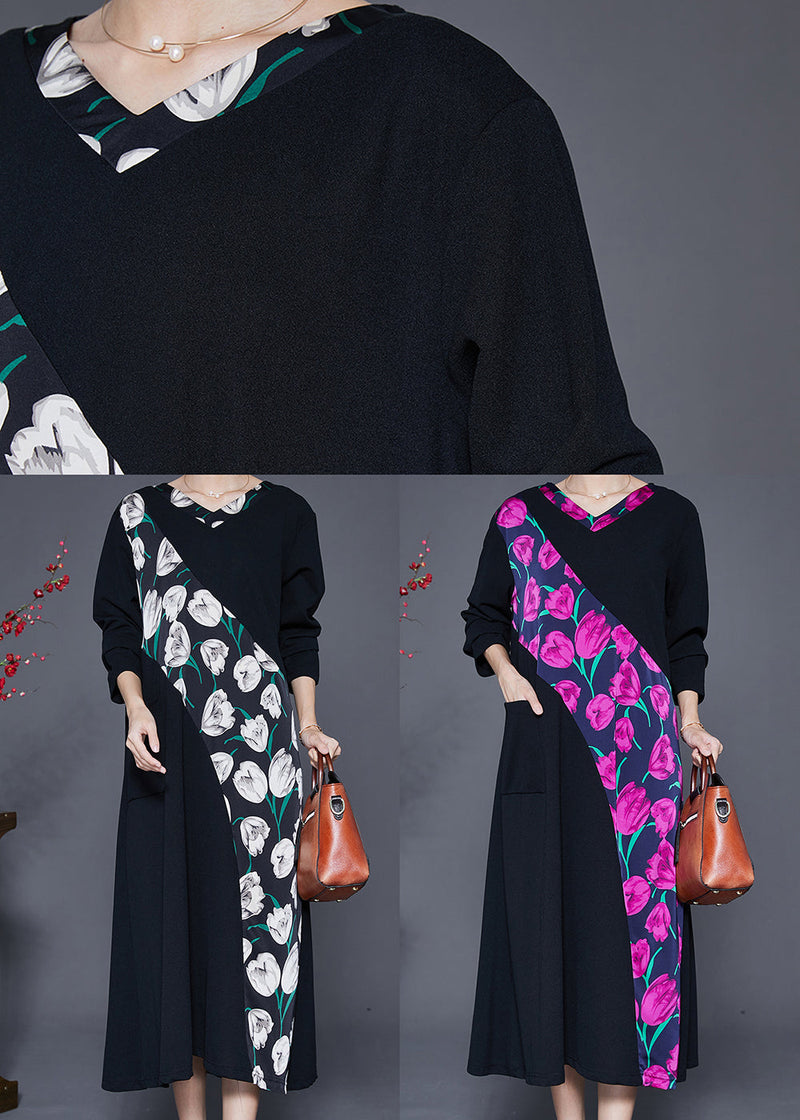 Purple Cotton Dresses Oversized Patchwork Pocket Fall