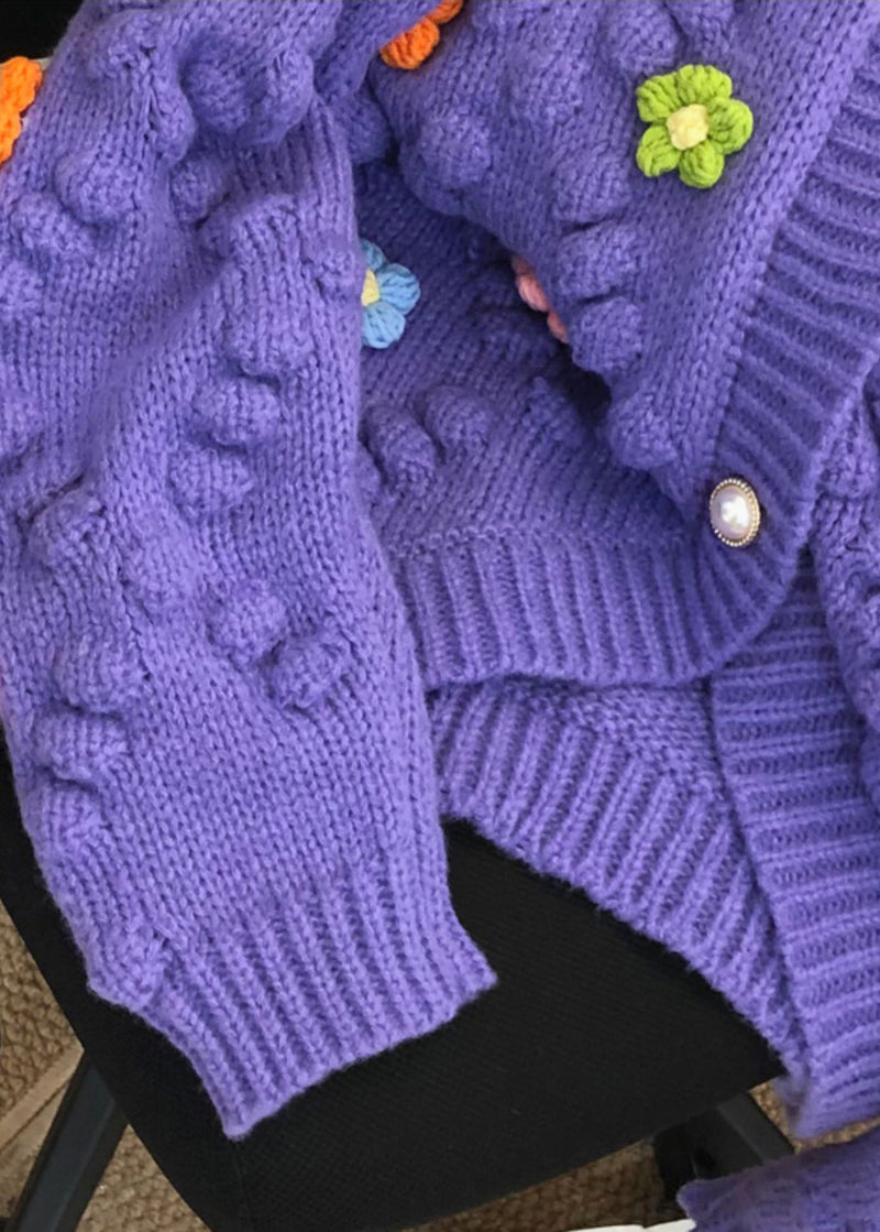 Purple Patchwork Knit Cardigan O Neck Button Fall