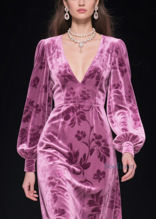 Purple Tulle Patchwork Silk Velvet Dress V Neck Spring