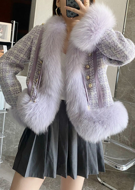 Purple Faux Fox Collar Button Leather and Fur Coat Winter