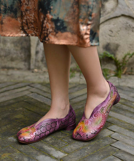 Purple Hollow Out Embossed Splicing Cowhide Leather Flat Shoes for
