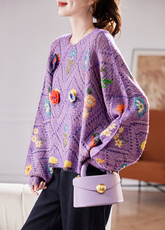 Purple Hollow Out Knit Sweaters O Neck Winter