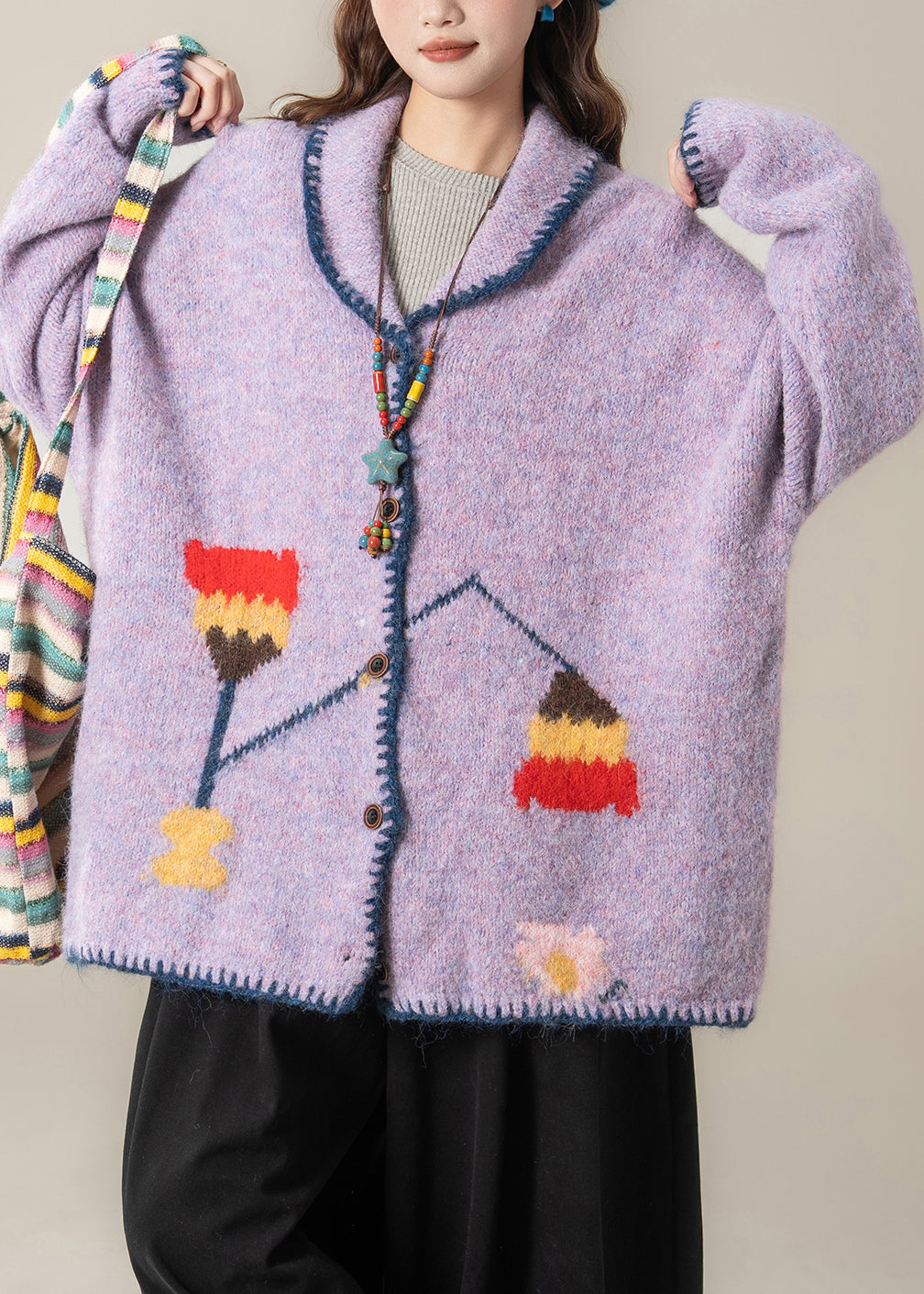 Purple Jacquard Button Knit Coats Peter Pan Collar