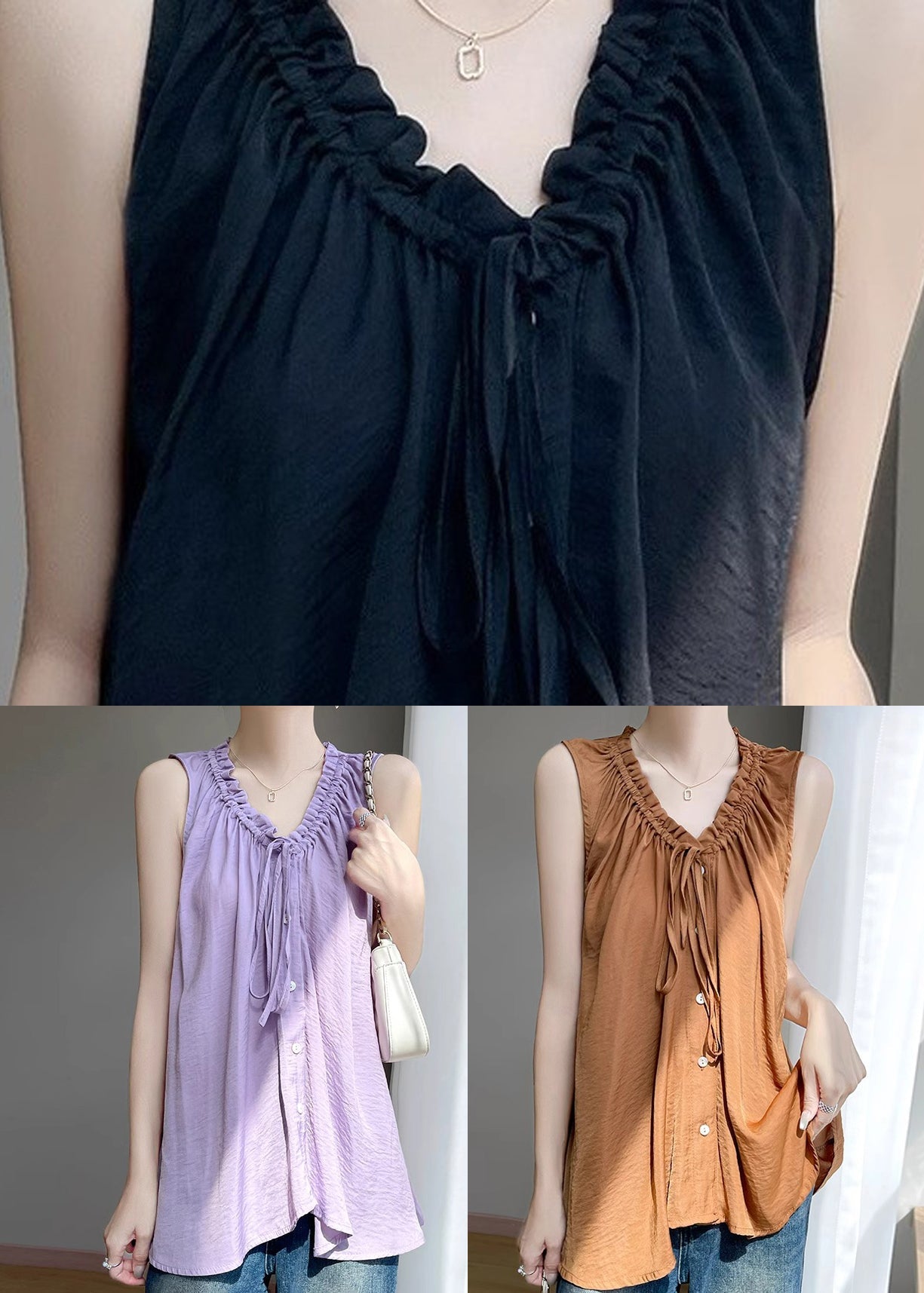 Purple Lace Up Cotton Blouses Ruffled Summer