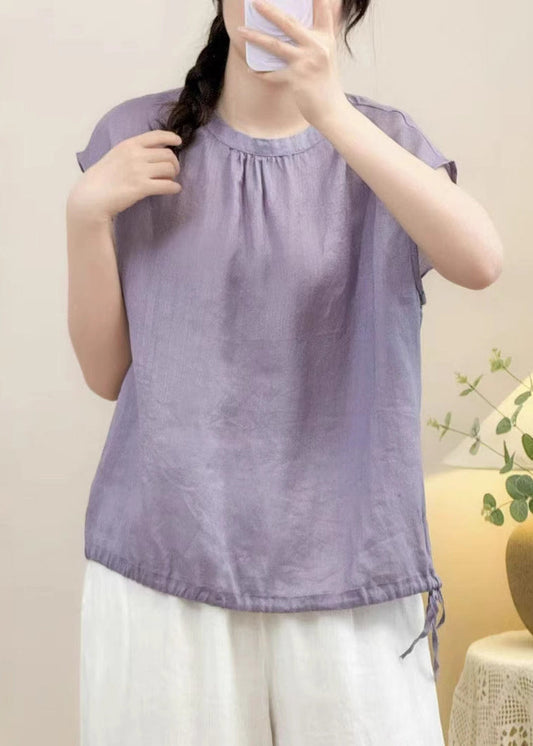Purple Lace Up Linen Summer Shirts O Neck
