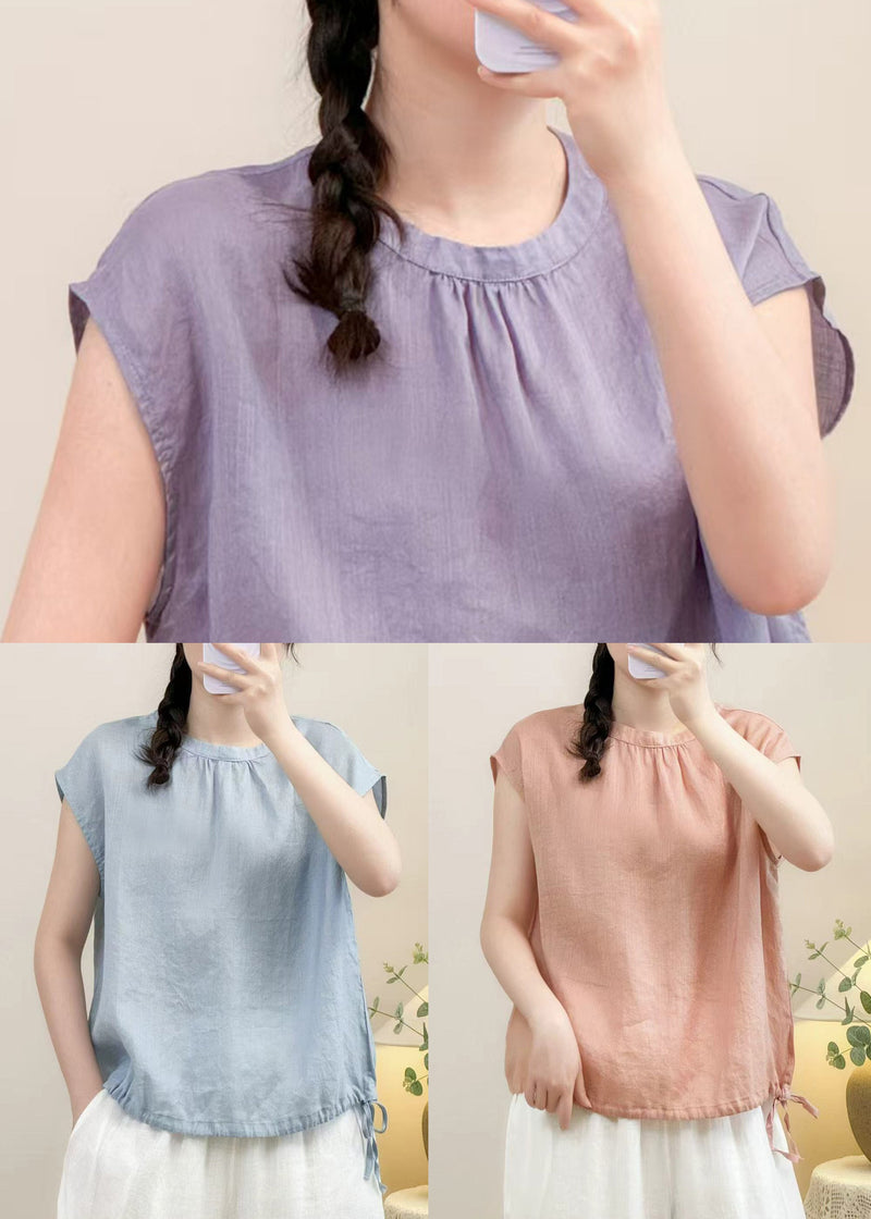 Purple Lace Up Linen Summer Shirts O Neck