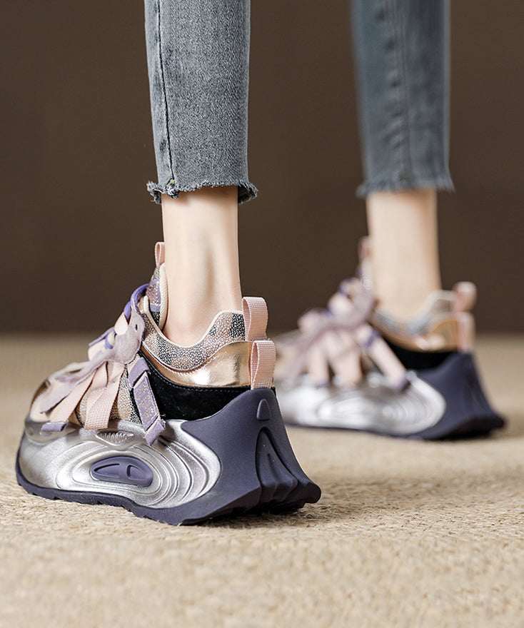 Purple Lace Up Zircon Splicing Platform Flat Shoes for