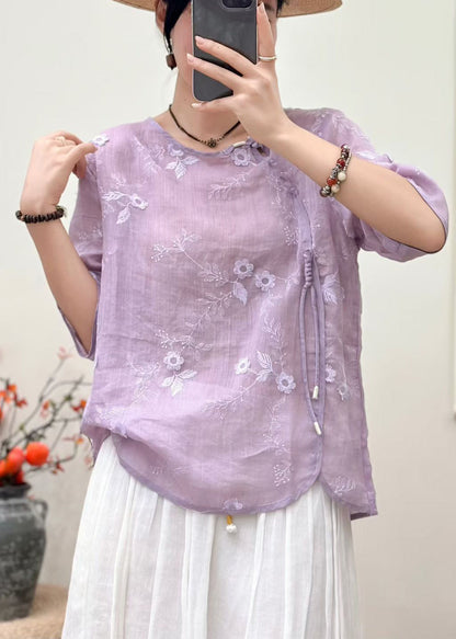 Purple Linen Oriental Tops Embroidered Tasseled Half Sleeve