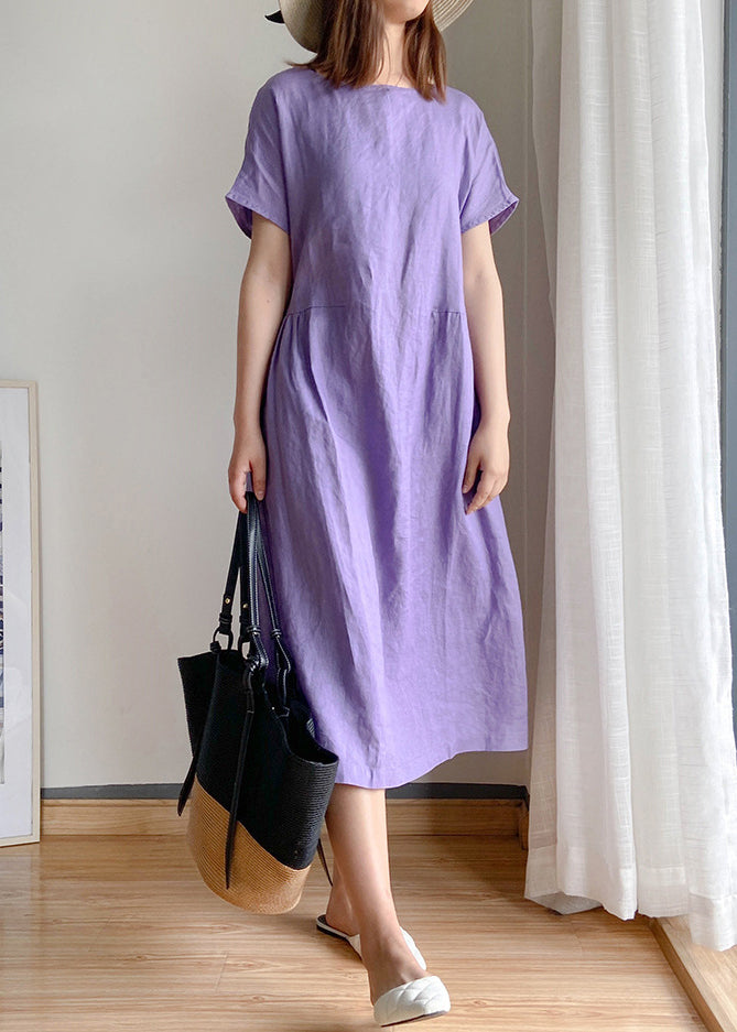 Purple Linen Shirt Top O-neck Cinched Short Sleeve