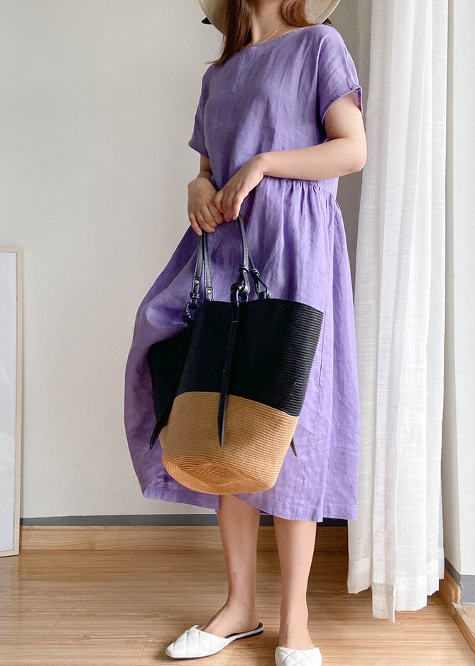 Purple Linen Shirt Top O-neck Cinched Short Sleeve