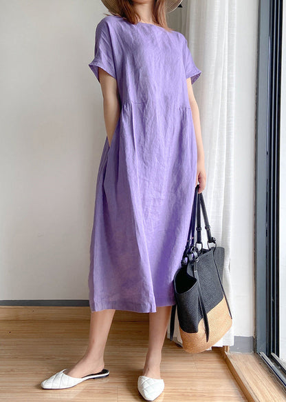 Purple Linen Shirt Top O-neck Cinched Short Sleeve