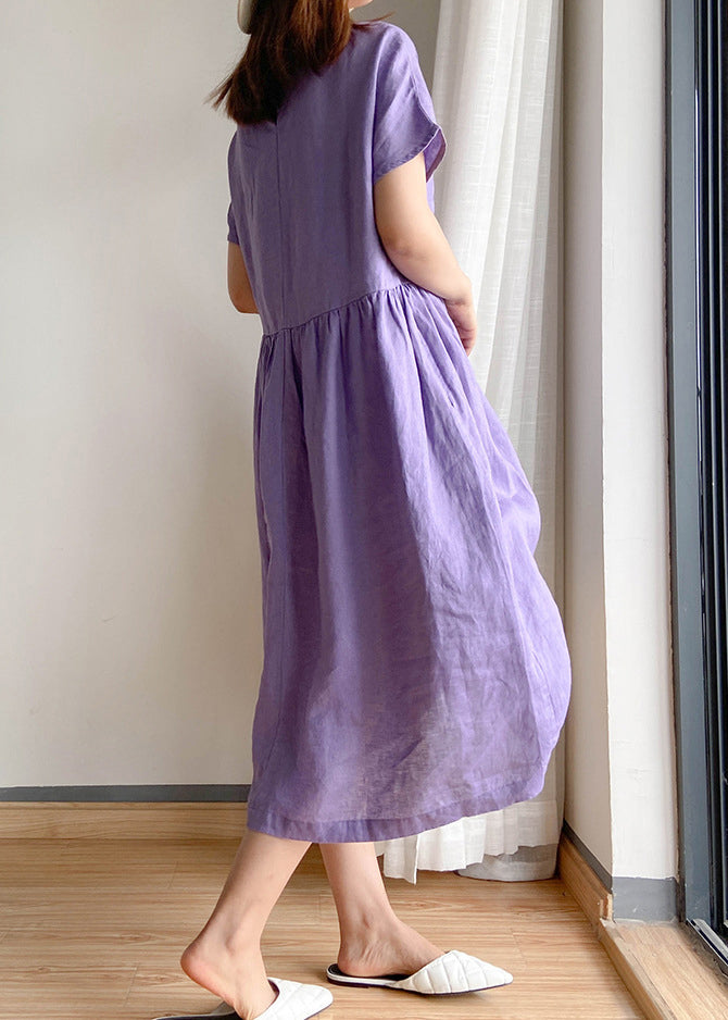 Purple Linen Shirt Top O-neck Cinched Short Sleeve