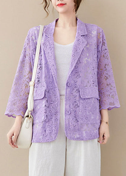 Purple Loose Lace Coats Pocket Hollow Out Long Sleeve
