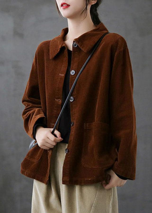 Red Loose Pockets Shirt Top Long Sleeve Corduroy Coat