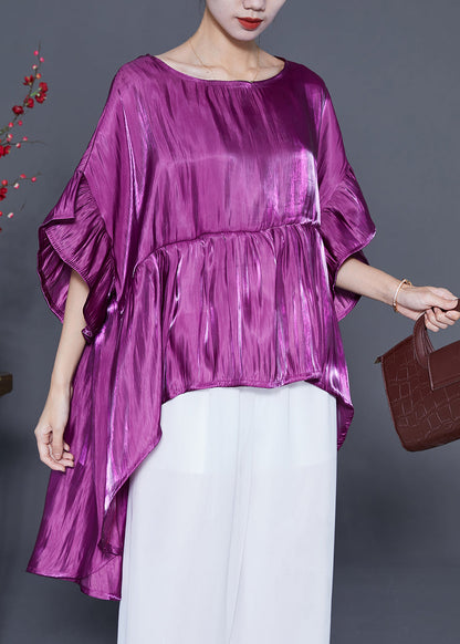 Purple Loose Silk Blouses O-neck Low High Design Summer