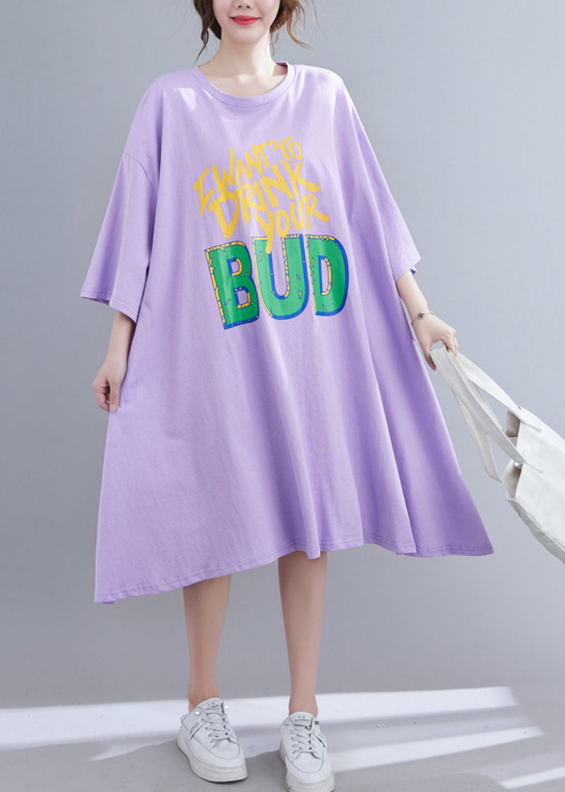 Purple O-neck Long Dress Long Sleeve