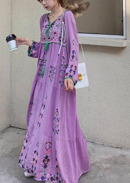 Purple O-neck Neck Tie Tassel Patchwork Cotton Holiday Dress Long Sleeve