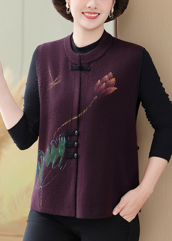 Purple O-neck Patchwork Button Knit Waistcoat Fall