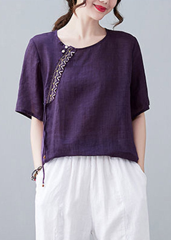 Purple O-neck Patchwork Linen T Shirt Short Sleeve