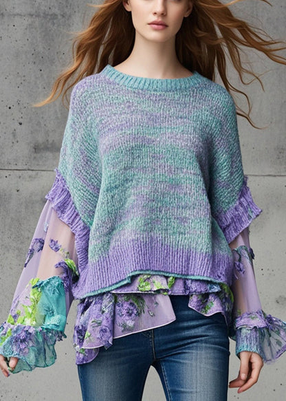 Purple Patchwork Chiffon Knitted Tops Asymmetrical Fall