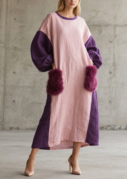Purple Patchwork Faux Fur Dresses Oversized Pockets Fall