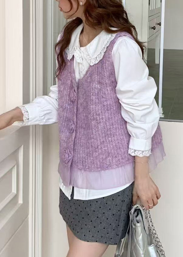 Purple Patchwork Knit Vests V Neck Decorated Spring
