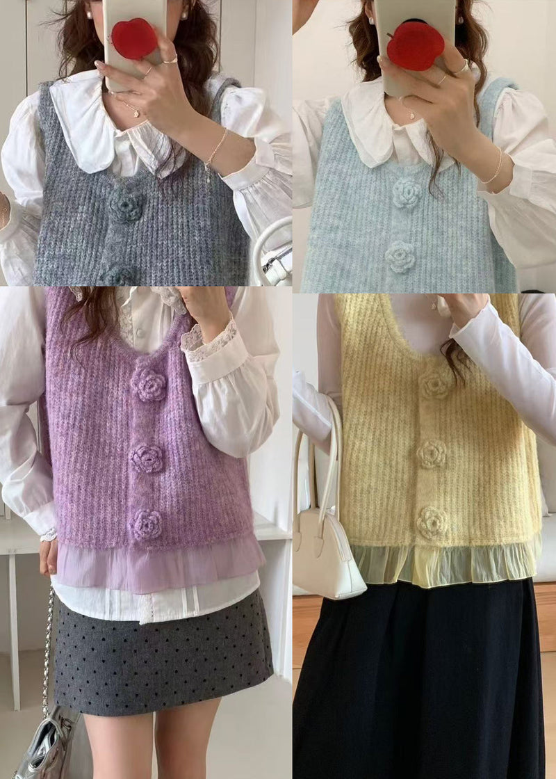 Purple Patchwork Knit Vests V Neck Decorated Spring