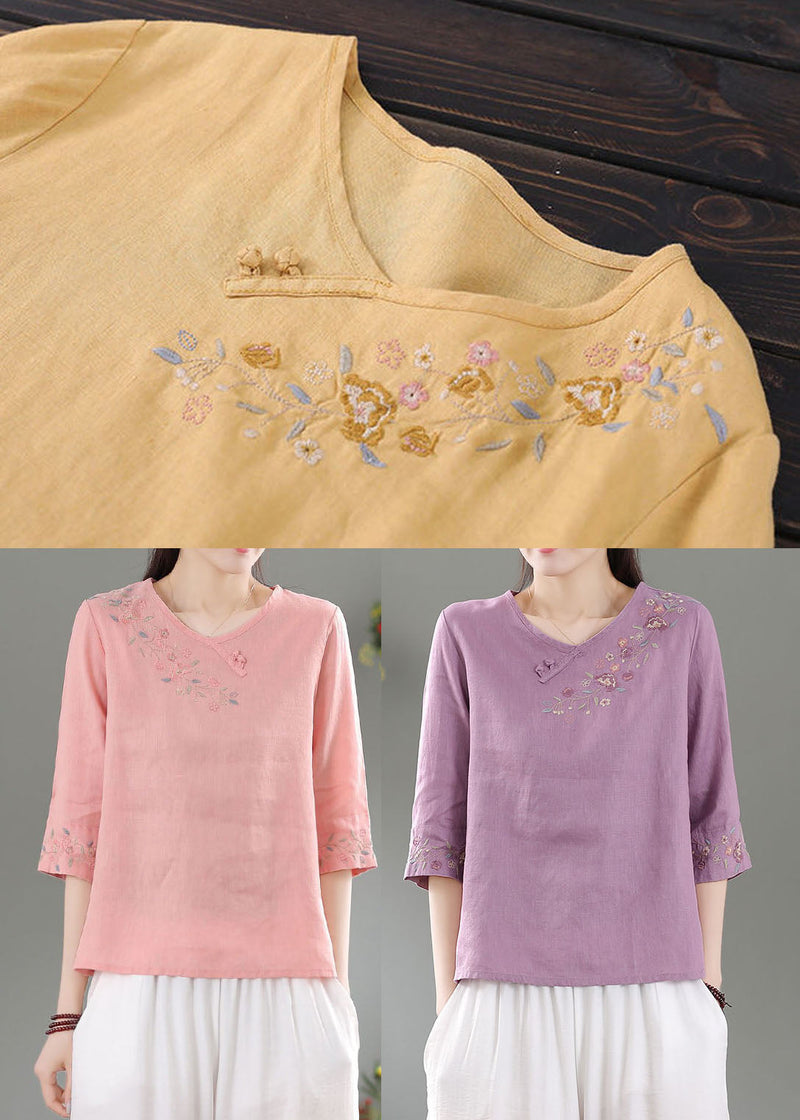 Purple Patchwork Linen Shirt Top O-neck Embroideried Three Quarter Sleeve