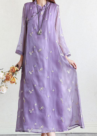 Purple Patchwork Silk Dresses Embroideried Stand Collar Summer